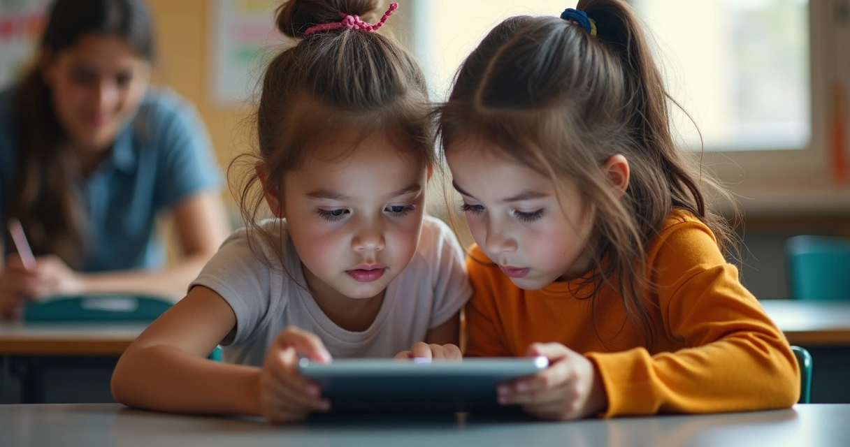 Crianças compartilhando tablet na sala de aula 