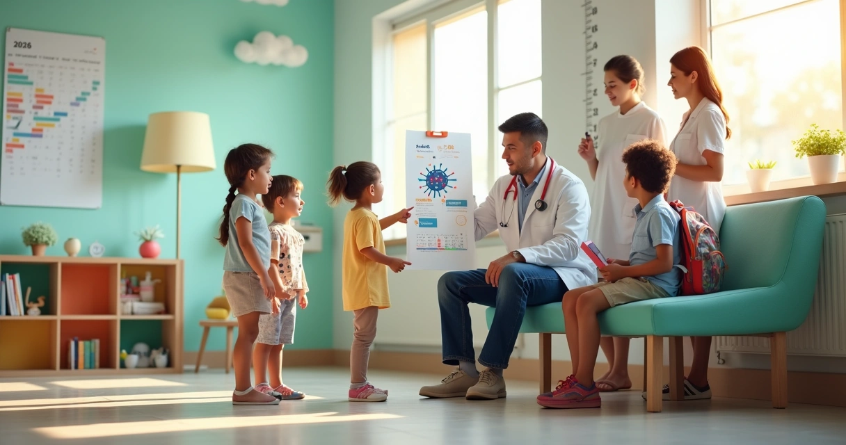 Pediatra mostra cartaz sobre vacina da gripe para crianças de idades diferentes 