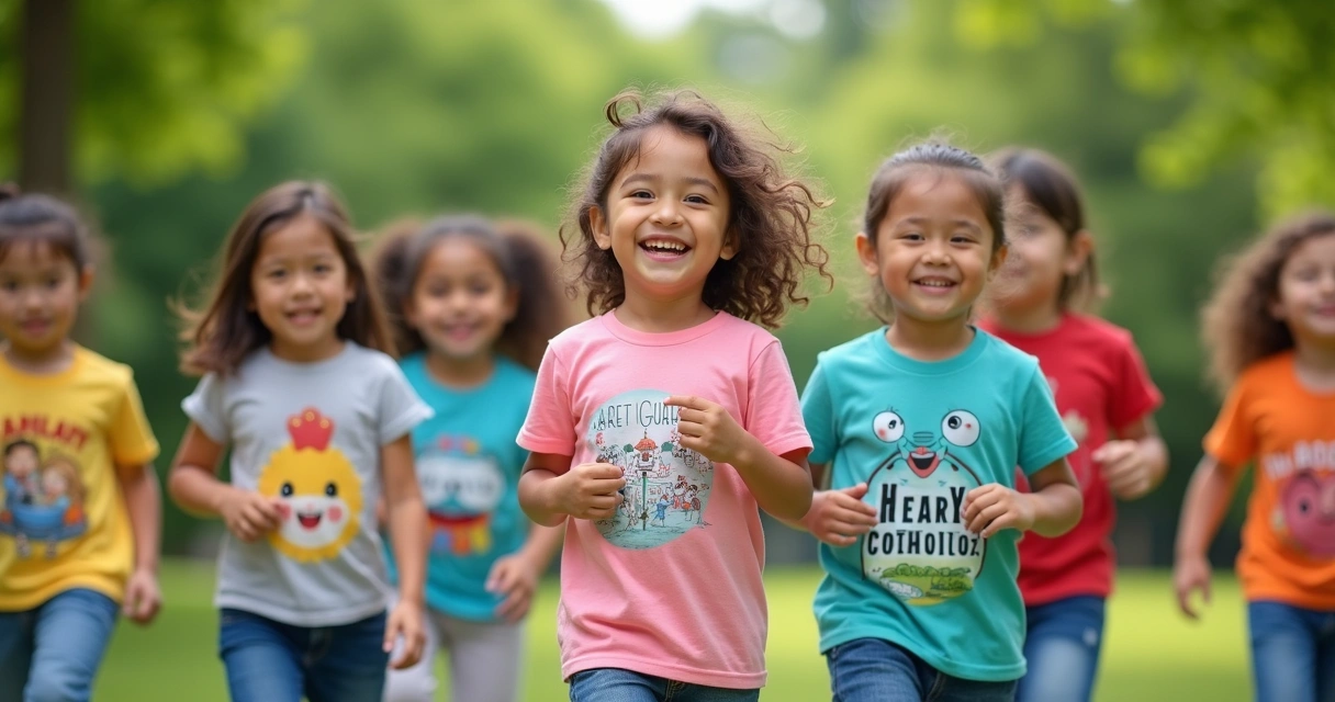 Crianças sorridentes usando camisetas personalizadas brincando no parque 