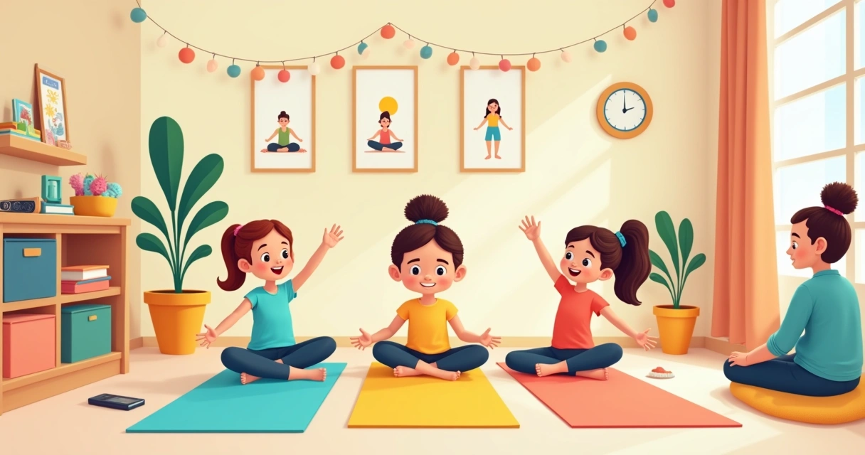 Crianças praticando yoga em quarto colorido com materiais lúdicos 