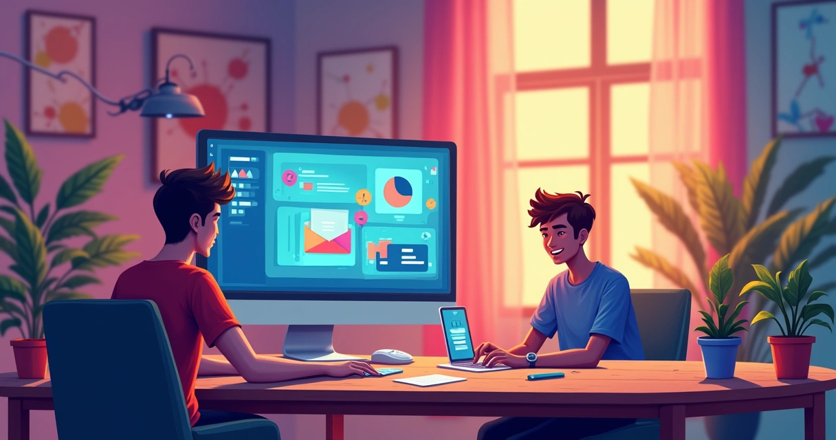 Computador mostrando a interface do Bubble, jovem criando app em um ambiente colorido e inspirador.