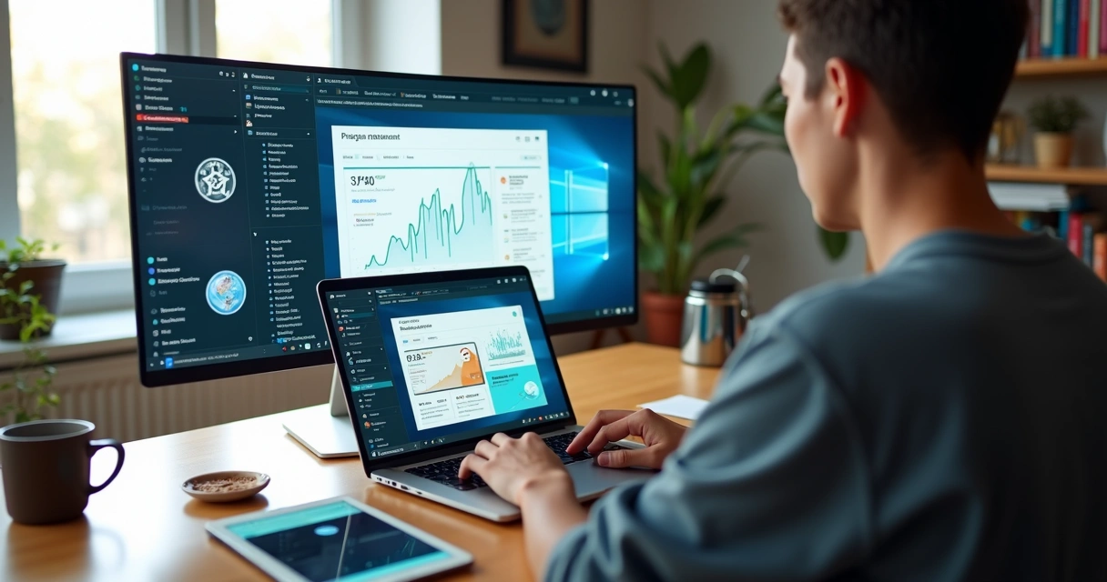 Pessoa criando blog em notebook com interface moderna e colorida 