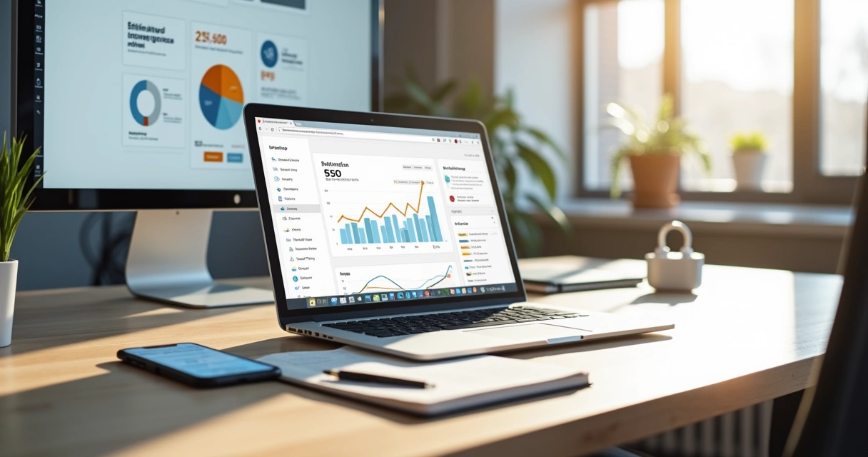 Tela de notebook com painel de blog profissional e gráficos de marketing digital sobre uma mesa de trabalho moderna 