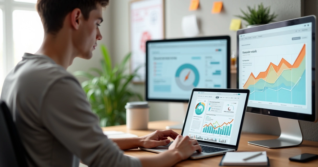 Pessoa trabalhando em notebook criando blog profissional com gráficos de crescimento ao fundo 