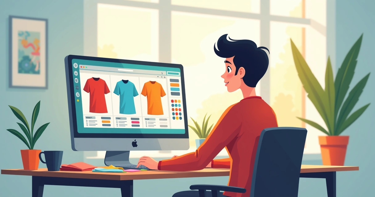 Pessoa customizando uma camiseta no computador 