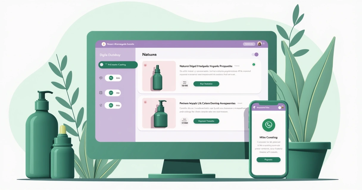 Tela de cadastro de produtos em catálogo digital, com fotos e descrições de cosméticos. 