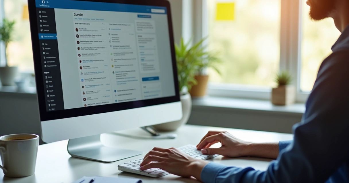 Pessoa usando computador mostrando LinkedIn e CRM lado a lado