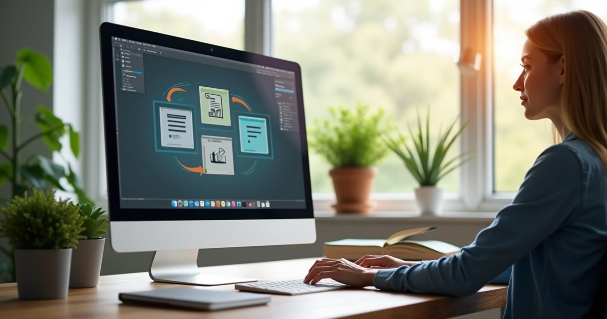 Professor criando conteúdo interativo SCORM em computador