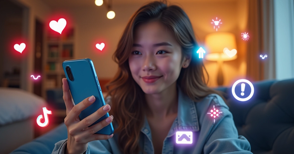 Mulher criando conteúdo viral no TikTok em um smartphone, com elementos gráficos de curtidas, compartilhamentos e visualizações ao redor 