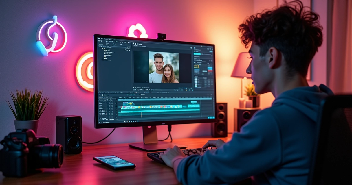 Person creating video cuts for social media