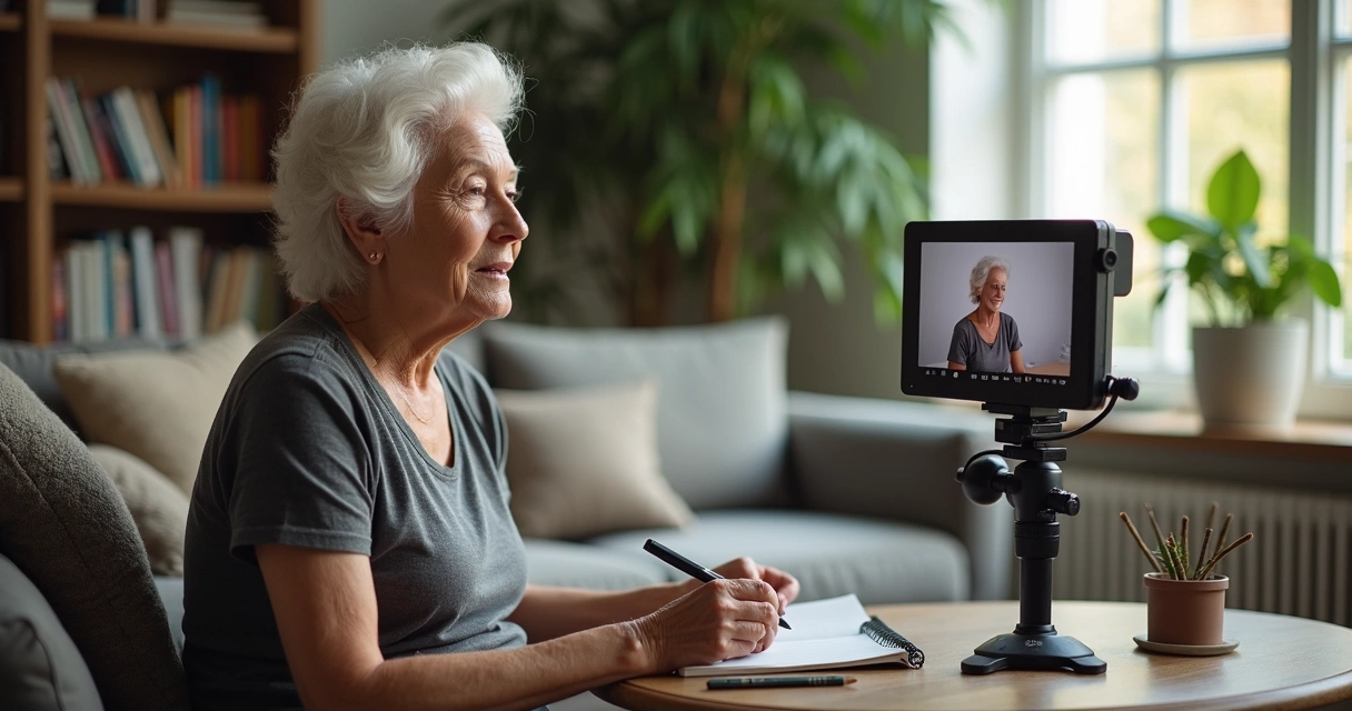 Mulher madura gravando vídeo de curso digital em casa, com equipamentos simples 