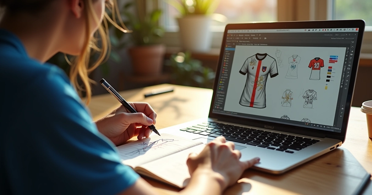 Pessoa desenhando arte temática da Copa do Mundo em caderno e computador