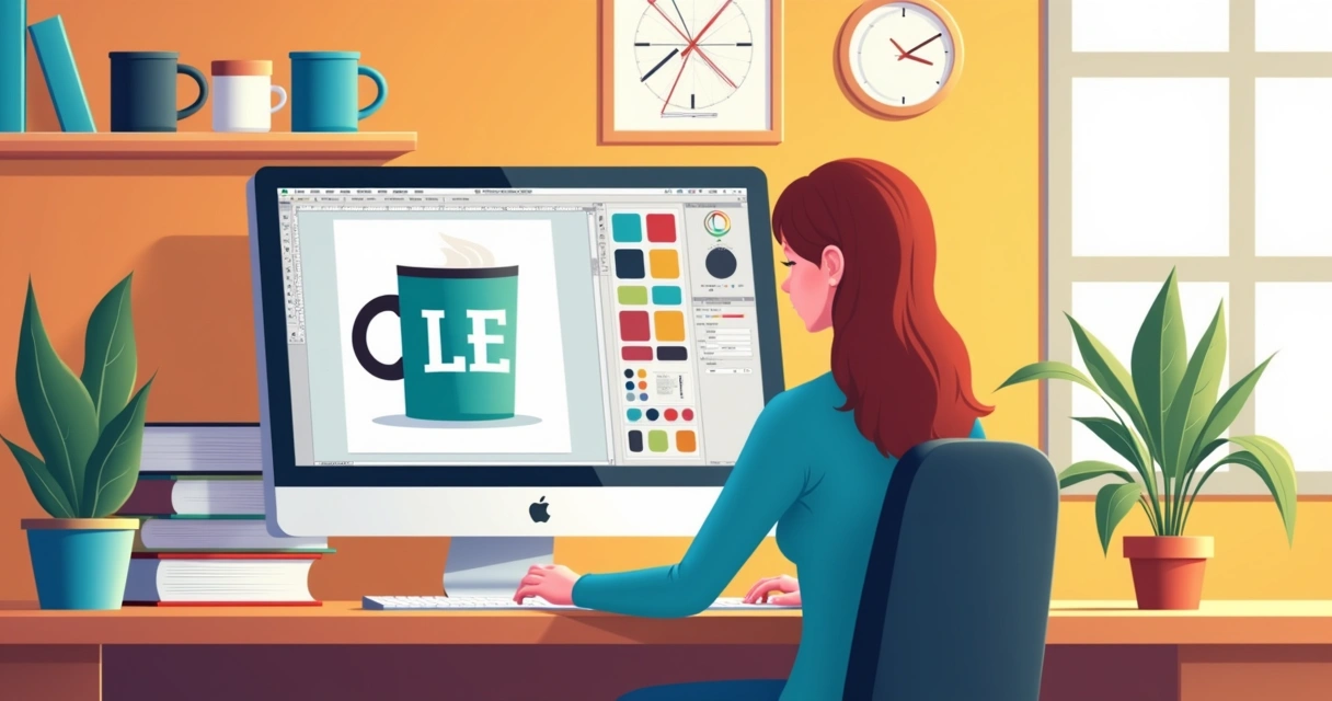 Pessoa ajustando uma arte em caneca no computador