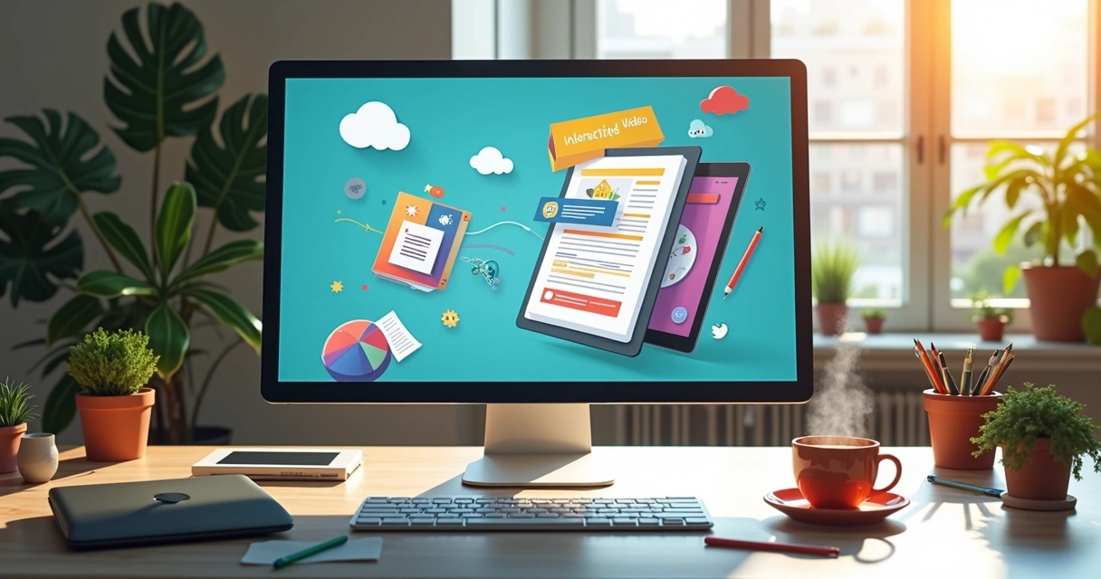 Tela de computador exibindo um ebook interativo criado no Canva, com elementos clicáveis e design colorido e moderno 