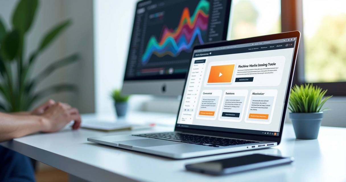 Profissional criando landing page em laptop com gráficos de conversão em tela 