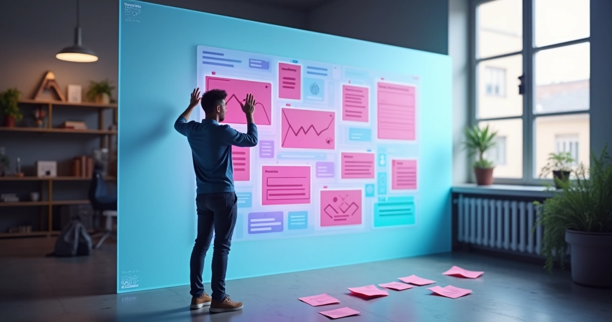 Pessoa organizando cartões coloridos de blocos de landing page em parede digital 