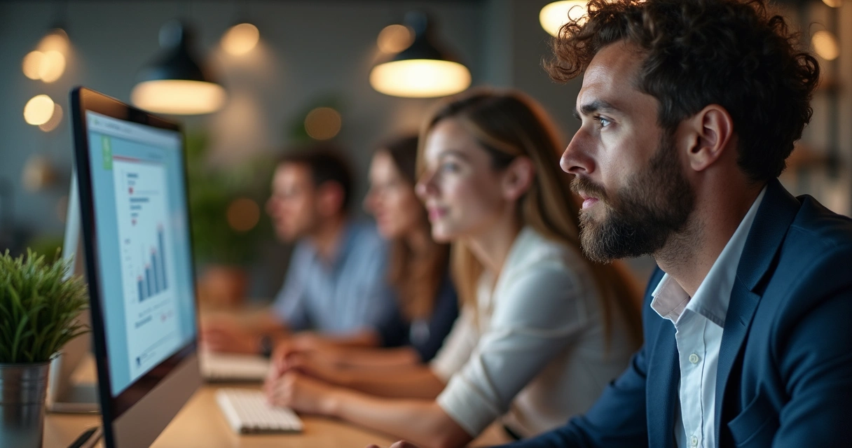 Equipe de vendas usando CRM em computador na empresa