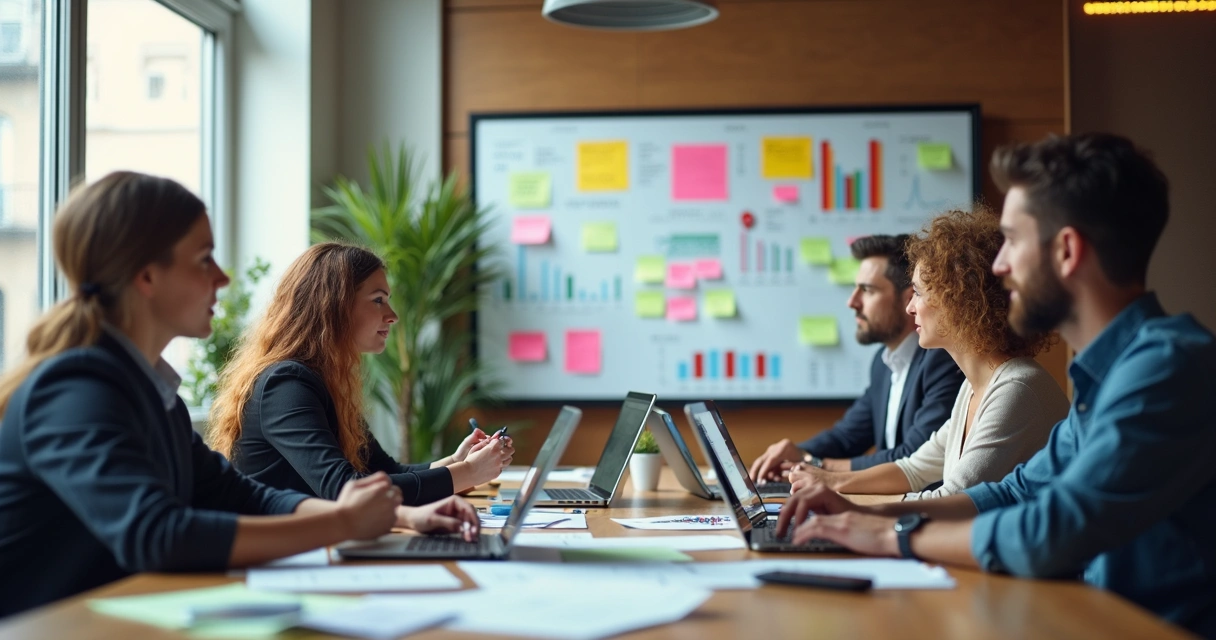 Equipe de agência digital definindo metas juntas 