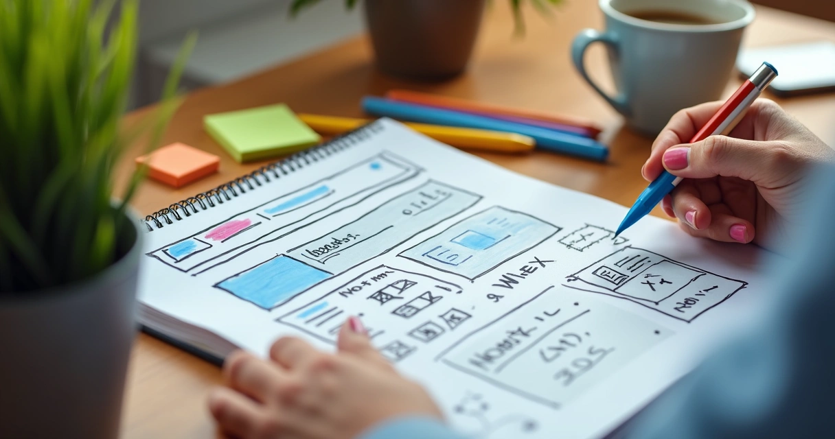 Pessoa montando esboço de landing page no papel