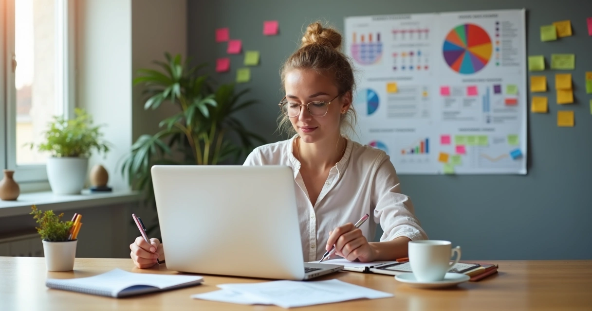 Mulher sentada em mesa com notebook, fazendo anotações sobre cliente ideal
