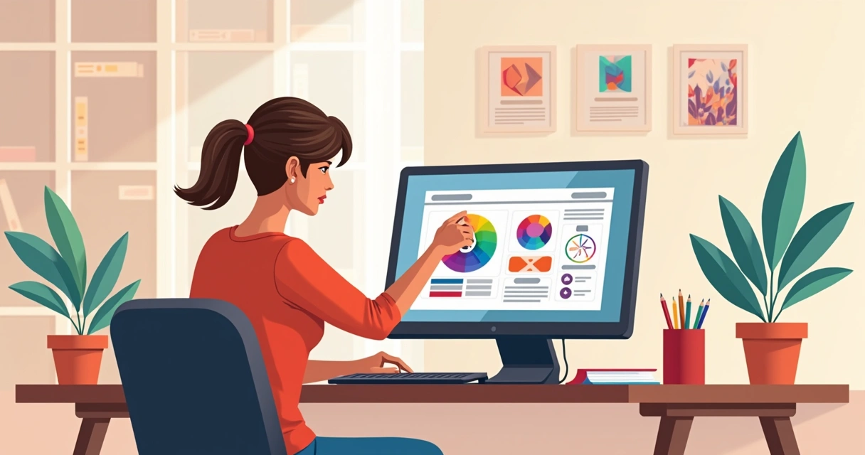 Mulher trabalhando em computador criando proposta visual inovadora com gráficos e camadas digitais coloridas 