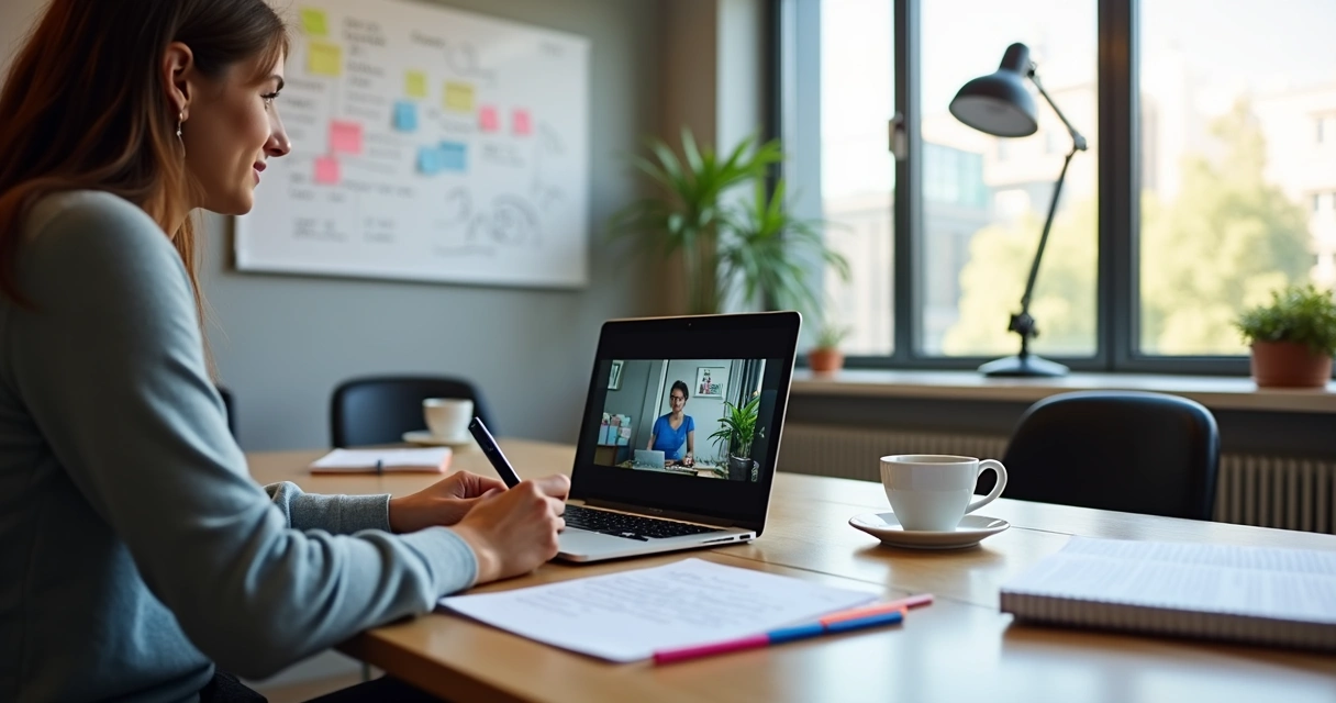 Pessoa escrevendo roteiro de vídeo no laptop com cadernos e anotações ao redor, ambiente de escritório moderno e iluminado 