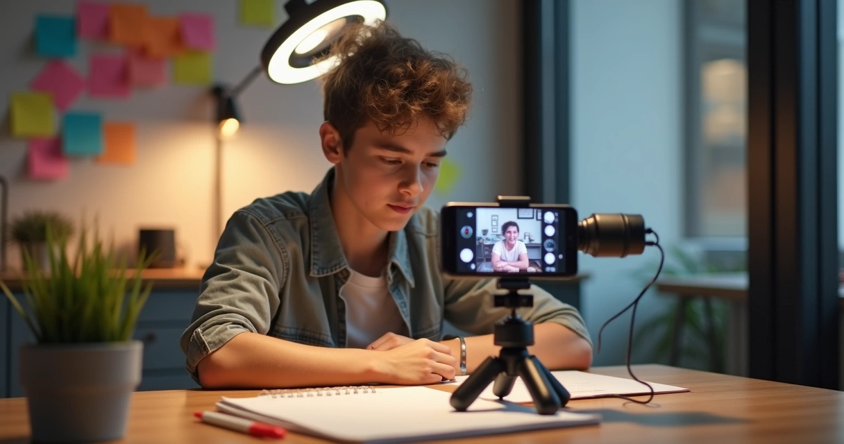 Jovem gravando vídeo para o Instagram sentado em frente ao celular com anotações 