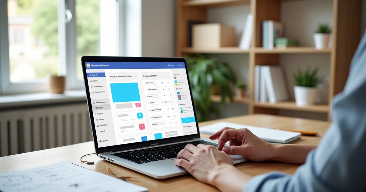 Pessoa montando site com editor de arrastar e soltar em laptop 