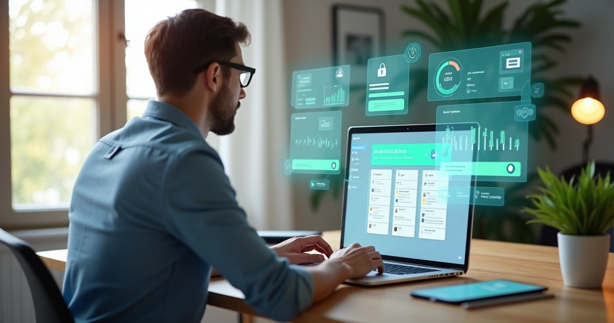 Empresário criando site profissional em notebook com painel moderno na tela 