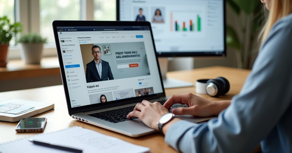 Pessoa criando site profissional em notebook com editor visual drag and drop 