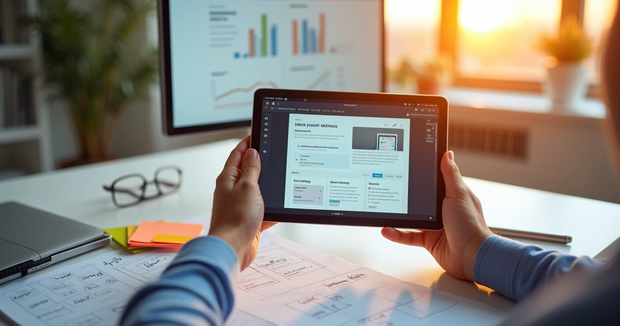 Pessoa criando site profissional em tablet com interface de arrastar e soltar 