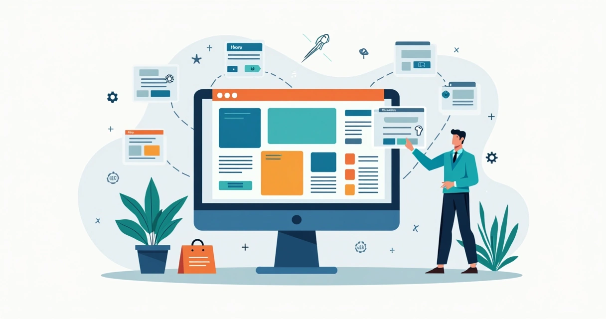 Profissional montando site com blocos de templates em tela grande 