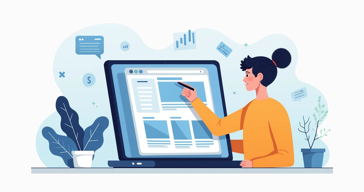 Pessoa criando site em computador com modelos prontos 