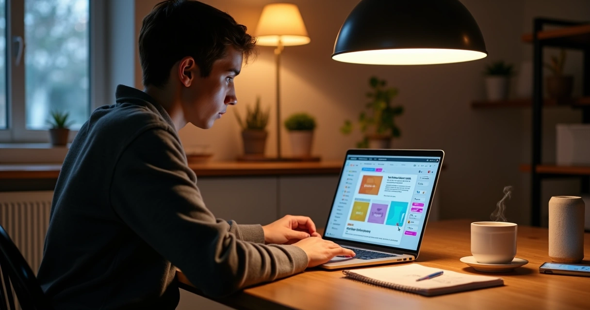 Pessoa criando site em laptop apenas arrastando blocos coloridos na tela 