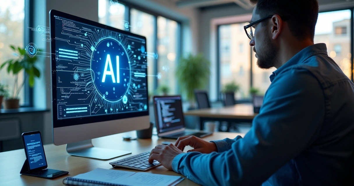 Pessoa criando prompts em computador para desenvolver soluções digitais personalizadas com inteligência artificial 