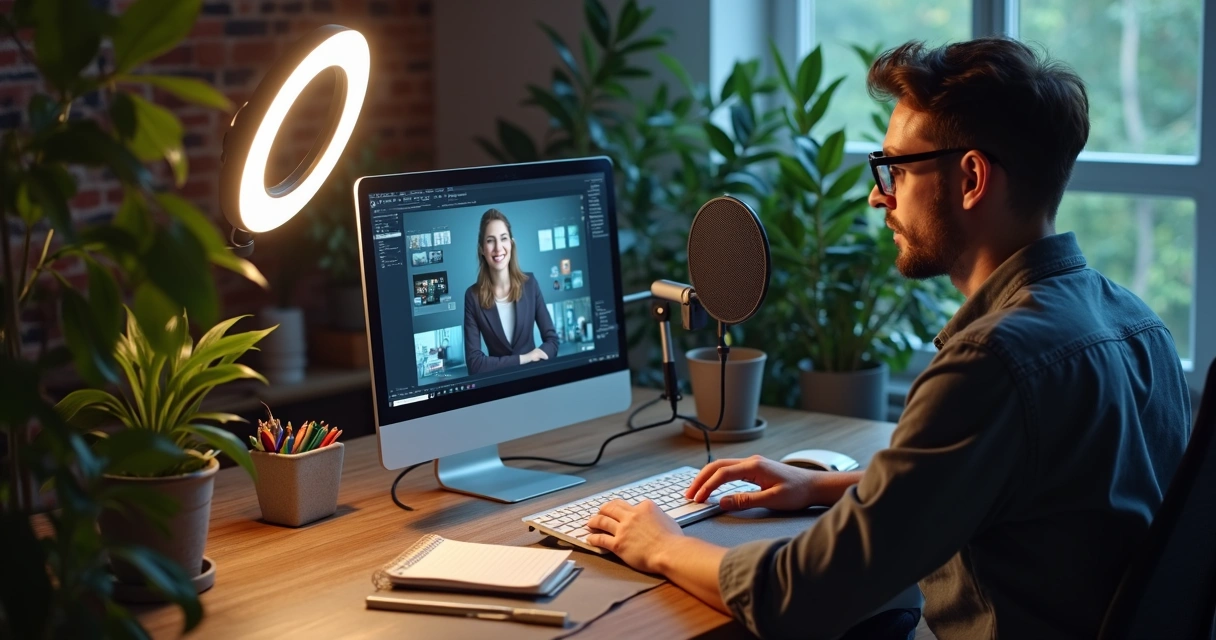 Pessoa gravando conteúdo educacional com computador e microfone em ambiente moderno