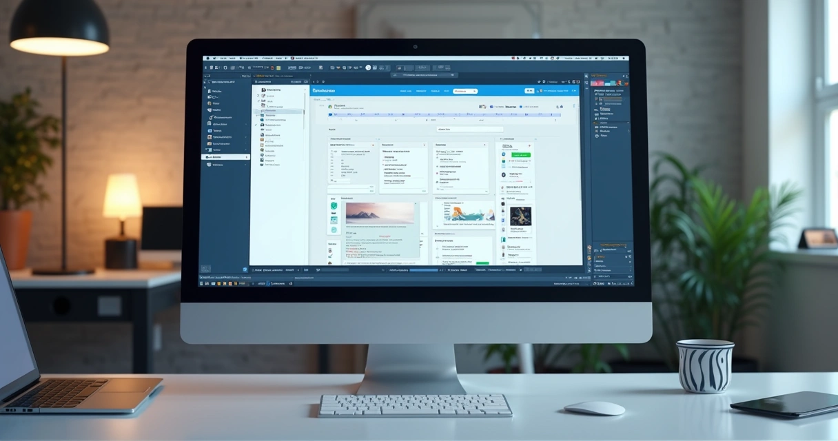Tela de computador mostrando editor Bubble com interface de criação de apps visual e elementos de design para web e mobile 
