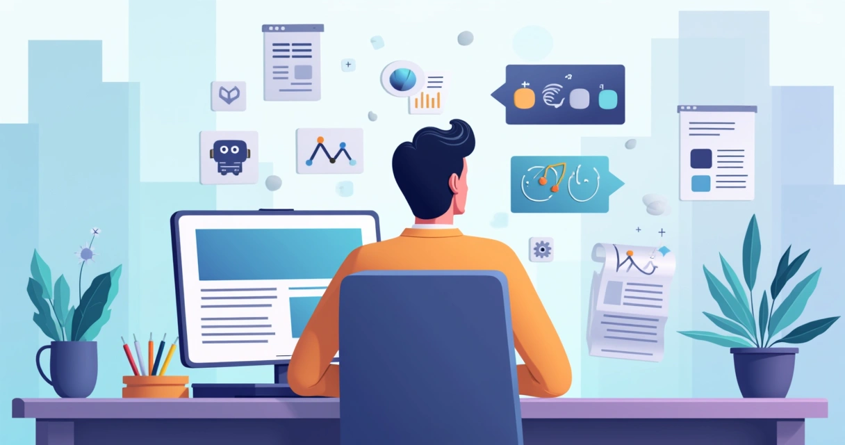 Ilustração de pessoa criando blog em 2026 com computador, gráficos e ícones de IA 
