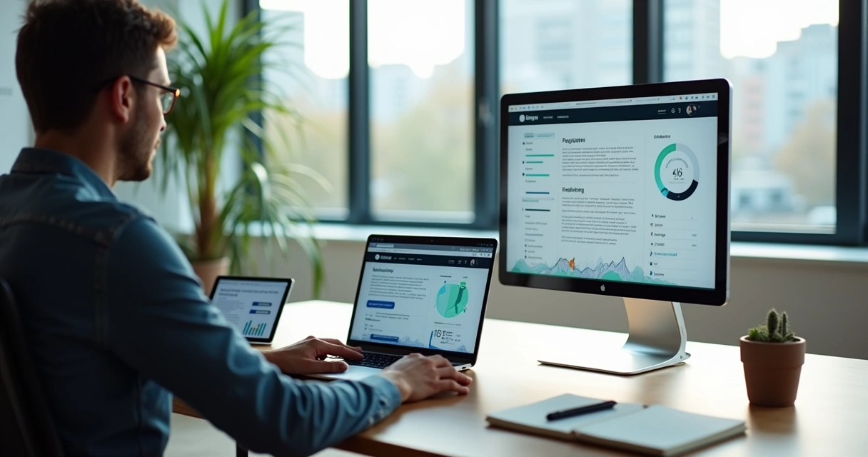 Pessoa criando blog profissional em notebook em escritório moderno 
