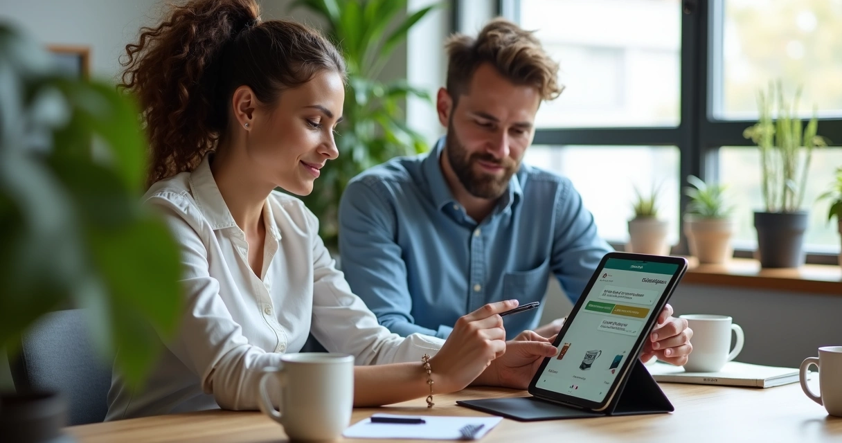 Pessoa utilizando aplicativo para criar catálogo digital de produtos em um tablet 