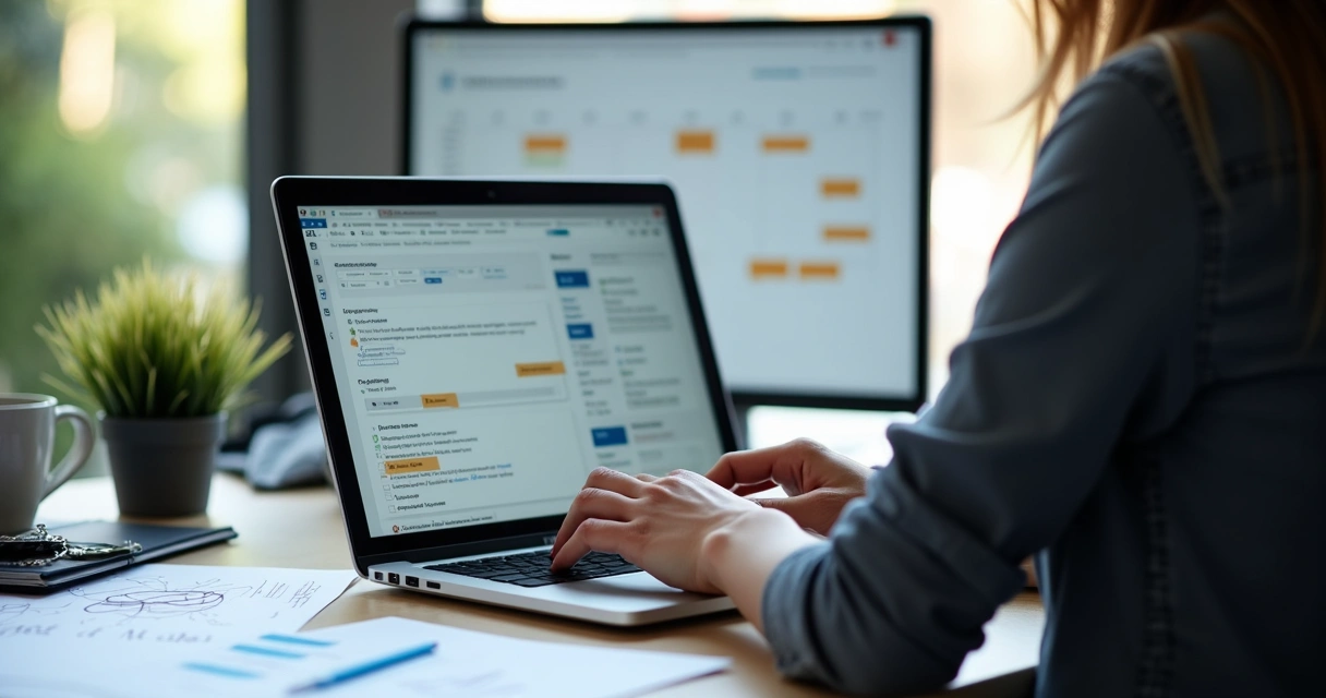 Profissional digitando em laptop, planejando posts de LinkedIn com gráficos e anotações ao redor 