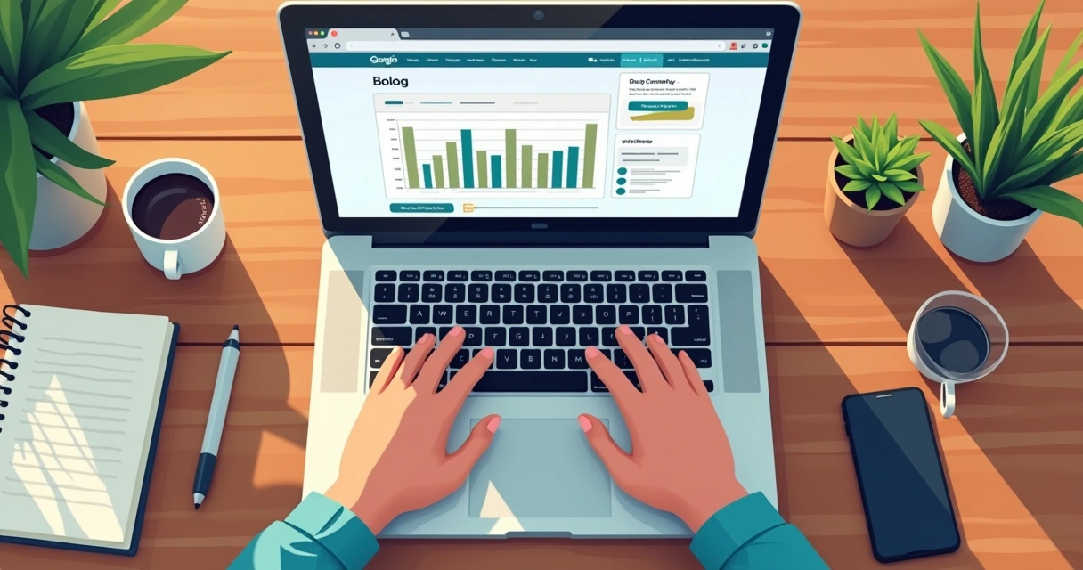 Profissional digitando em laptop criando conteúdo digital local 