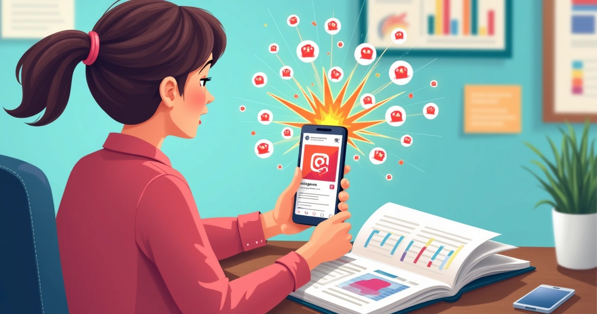 Pessoa segurando o celular, analisando gráficos de publicação viral no Instagram 