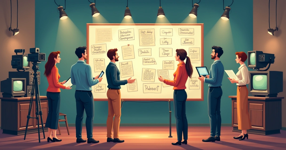 Equipe de produção de série clássica reunida revisando créditos em painel 