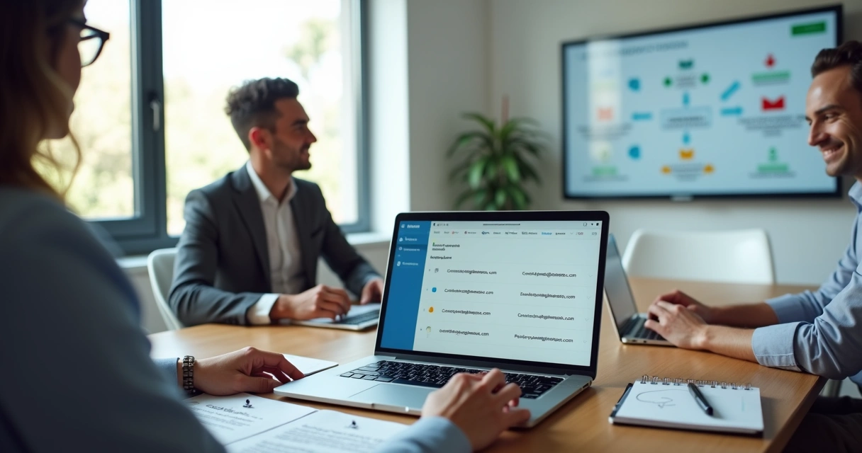 Equipe em reunião configurando emails corporativos em domínio próprio 