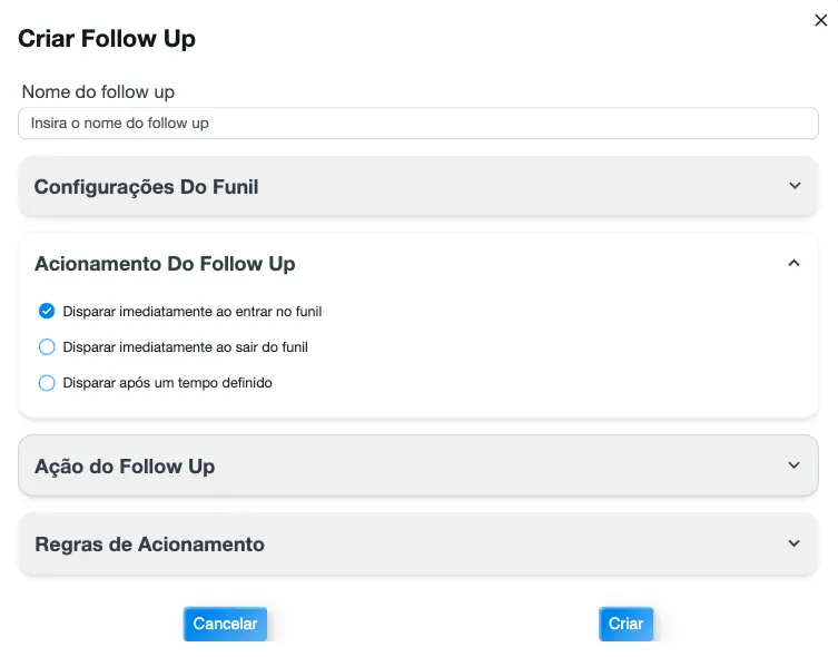 Interface para criar follow up com opções de acionamento no WaSpeed