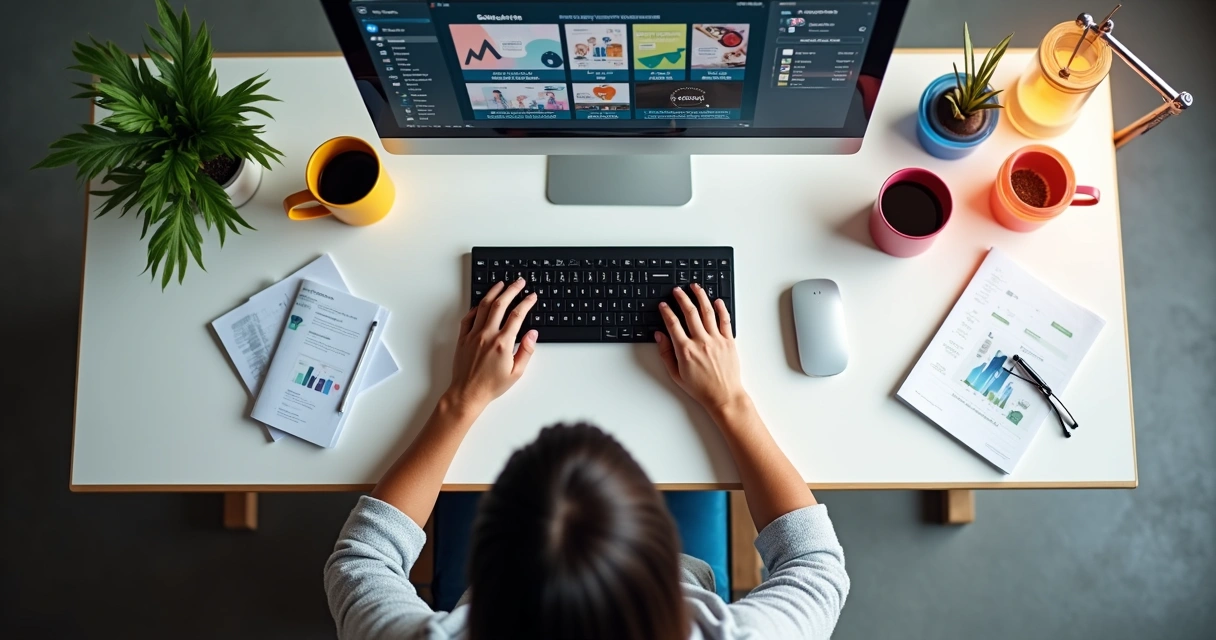 Pessoa criando gráficos em um computador, com ícones e elementos de marketing digital na tela 