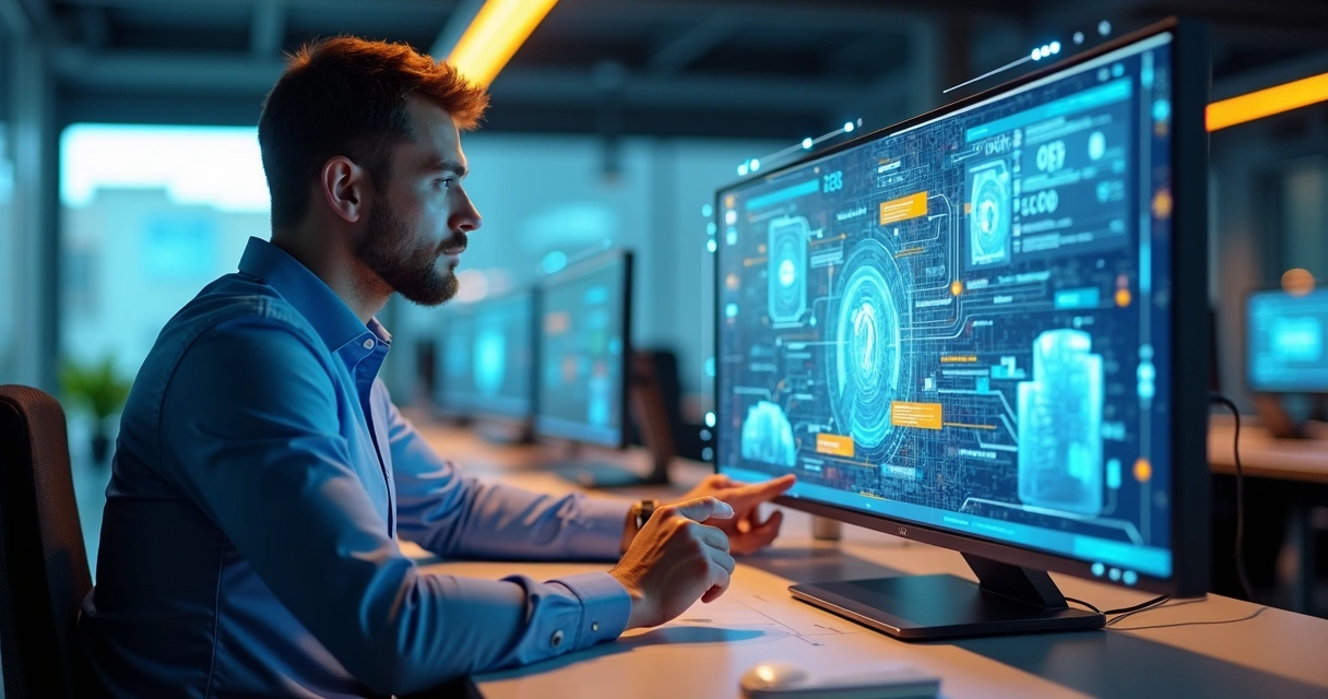 Homem ajustando imagem de campanha em tela holográfica com IA 