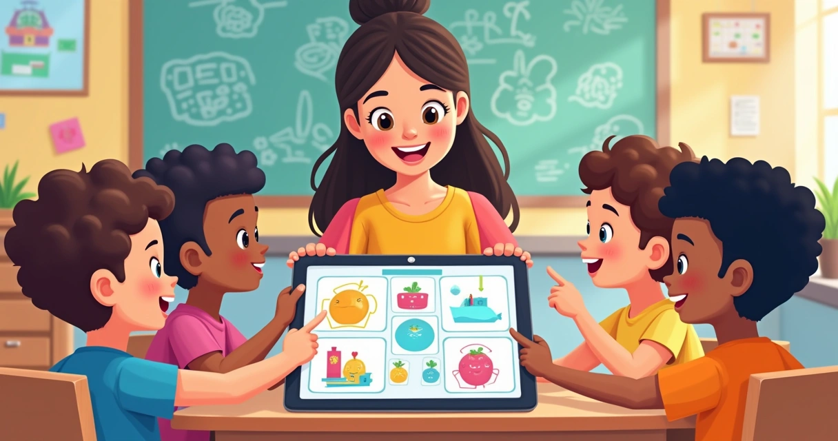 Ilustração colorida de crianças em sala aprendendo com IA 