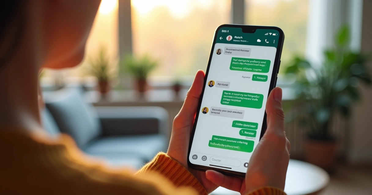 Pessoa usando smartphone com tela do WhatsApp aberta mostrando mensagens de lembrete automáticos em ambiente doméstico 
